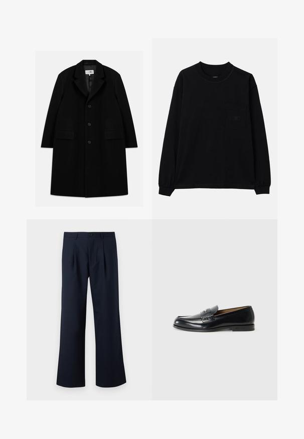 Palton negru din lână, cu guler în formă de v, cinci nasturi, două buzunare frontale și o textură fină, ajungând până la jumătatea coapsei.; Tricou negru cu mânecă lungă, din bumbac, cu guler rotund, un buzunar pe pieptul stâng și manșete elastice. Design minimalist, fără modele.; Pantaloni bleumarin cu o croială ajustată, design cu picioare largi, pliseuri frontale și închidere cu un singur buton la talie. Textură de țesătură netedă.; Loafers din piele negri cu un finisaj neted, vârf rotunjit, cusături decorative și un mic accent metalic în față.