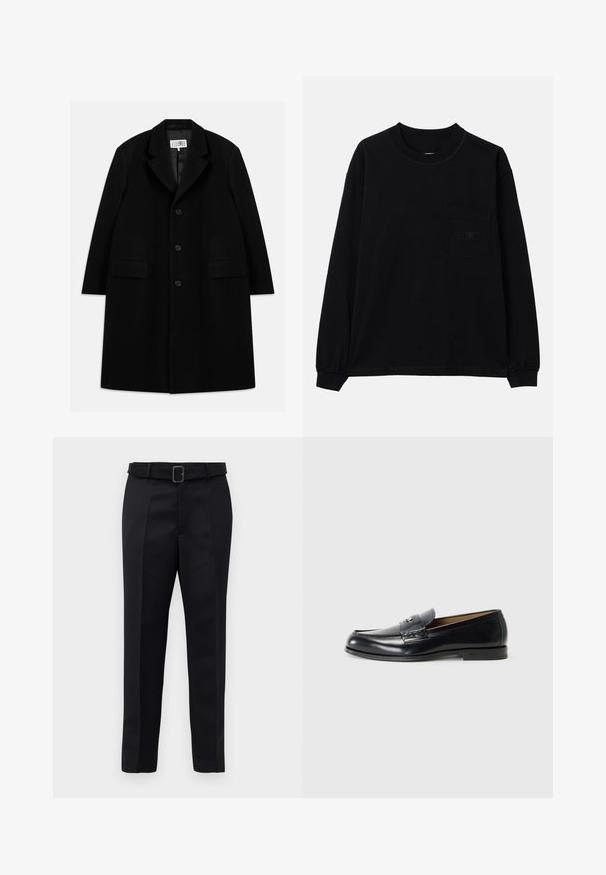 Sort uld overfrakke med notched krave, fem knapper, to forlommer og en glat tekstur, der strækker sig til midt-lår længde.; Sort langærmet T-shirt lavet af bomuld, med rund hals, en lomme på venstre bryst og elastiske manchetter. Minimalistisk design uden mønstre.; Sorte skræddersyede bukser har et glat stof, lige snit og en bæltestrop med en rektangulær spænde. Bemærkelsesværdige forreste folder fremhæver designet.; Læder loafers i sort med en glat finish, rund tå, dekorativ syning og et lille metalaccent foran.