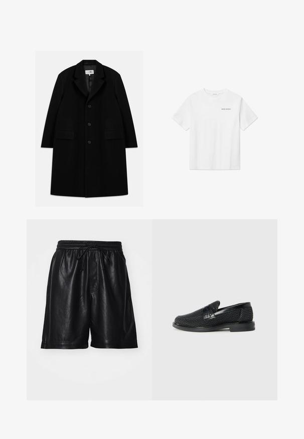 Čierny vlnený kabát s vystrihom, piatimi gombíkmi, dvoma prednými vreckami a hladkým povrchom, s dĺžkou po stred stehna.; Biela bavlnená tričko s krátkymi rukávmi, okrúhlym výstrihom a malým čiernym logom "WOOD WOOD" na ľavej hrudi. Hladká textúra, štandardný strih.; Čierne kožené šortky s elastickým pásom, šnúrkou na zaväzovanie a hladkým povrchom. Majú voľný strih a postranné vrecká.; Čierne tkané slip-on topánky s hladkým koženým akcentom na vrchnej časti, s okrúlym dizajnom špičky a nízkoprofilovou gumovou podrážkou.