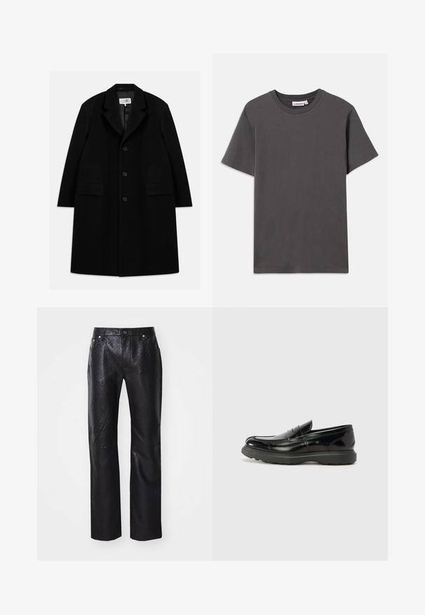 Schwarzer Wollmantel mit Reverskragen, fünf Knöpfen, zwei Fronttaschen und glatter Textur, der bis zur Mitte des Oberschenkels reicht.; Ein schlichtes, dunkelgraues T-Shirt mit kurzen Ärmeln und Rundhalsausschnitt, mit einem kleinen weißen Markenschild im Kragen, auf einem weißen Hintergrund.; Schwarze Hose aus strukturiertem Material mit einem subtilen Muster. Gerade Bein-Design mit fünf Taschen und metallischen Hardware-Details.; Schwarze Lederloafer mit glanzendem Finish, abgerundetem Zehenbereich, subtilen Steppnähten und einer dicken Gummisohle für Langlebigkeit.