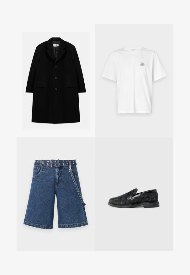 Melnas vilnas virsjakas, kurai ir iegriezts apkakle, pieci pogas, divas priekšējās kabatas un gluda tekstūra, kas sniedzas līdz vidusceļam.; Baltas kokvilnas T-krekls ar īsām piedurknēm, apaļu dekoltē un mazu pelēku logo kreisajā krūšu daļā. Gluda tekstūra.; Tumši zili džinsi šorti, plaša griezuma dizains ar jostu, kas rotāta ar metāla grometēm, pabeigti ar kontrastējošām šuvēm un sānu ķēdi.; Melnas austas slaidu kurpes ar gludu ādas akcentu augšpusē, apaļas formas purngalu un zemas profila gumijas zoli.