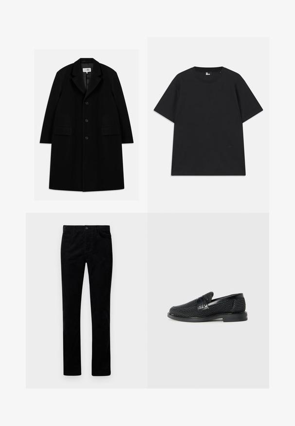 Čierny vlnený kabát s vystrihom, piatimi gombíkmi, dvoma prednými vreckami a hladkým povrchom, s dĺžkou po stred stehna.; Čierne tričko s krátkym rukávom vyrobené z bavlny, s okrúhlym výstrihom a malým logom pri leme. Hladká textúra, bežný strih.; Čierne kordové nohavice s rovnými nohavicami, s prednými vreckami a kovovým zapínaním. Mäkká textúra s vertikálnym rýhovaním.; Čierne tkané slip-on topánky s hladkým koženým akcentom na vrchnej časti, s okrúlym dizajnom špičky a nízkoprofilovou gumovou podrážkou.