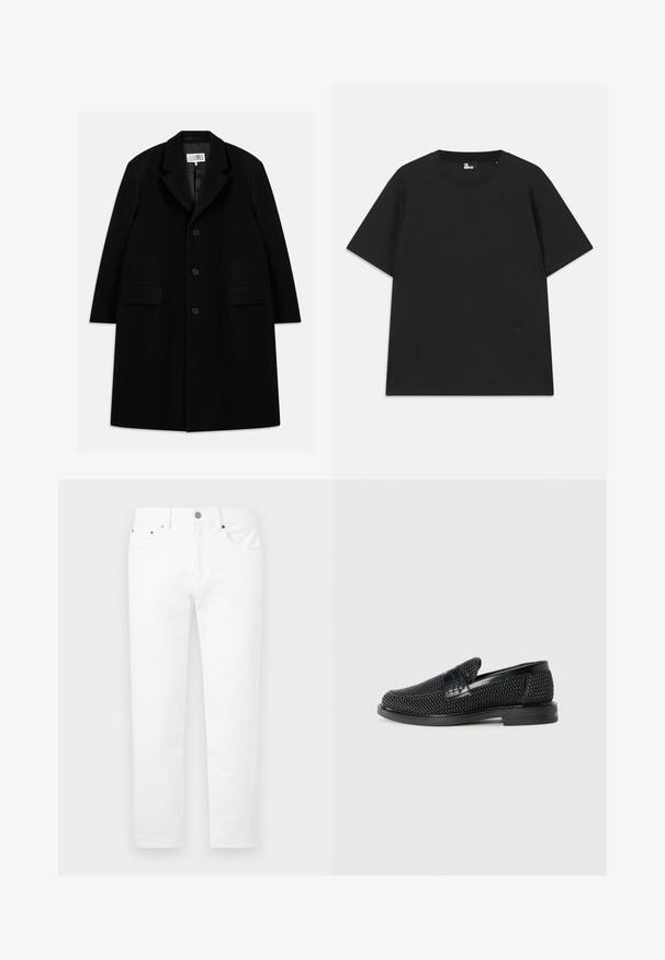 Palton negru din lână, cu guler în formă de v, cinci nasturi, două buzunare frontale și o textură fină, ajungând până la jumătatea coapsei.; Tricou negru cu mânecă scurtă, din bumbac, având un decolteu circular și un mic detaliu cu logo aproape de tiv. Textură netedă, croială normală.; Jeans din denim alb cu un design cu picioare drepte, stilizați cu cinci buzunare și elemente metalice pe partea din față. Textură netedă, fără modele vizibile.; Pantofii negri din material textil, cu accent din piele netedă pe partea superioară, design cu vârf rotund și talpă din cauciuc de profil redus.