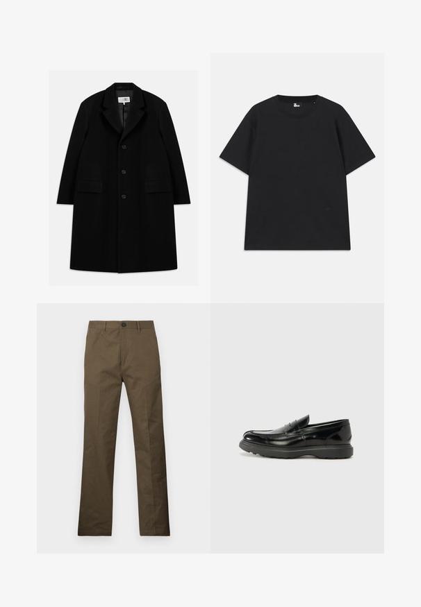 Crni vuneni kaput s nazubljenim ovratnikom, pet gumba, dva prednja džepa i glatkom teksturom, koji seže do sredine butina.; Crna kratkotrajna majica s kratkim rukavima od pamuka, s okruglim izrezom i malim logotipom blizu rubova. Glatka tekstura, klasičan kroj.; Smeđe pamučne hlače ravnog kroja, s kopčanjem na dugme i bočnim džepovima, prikazane na bijeloj pozadini.; Crne kožne mokasine s sjajnom završnom obradom, okruglim vrhom, suptilnim detaljima šivanja i debelim gumenim đonom za izdržljivost.