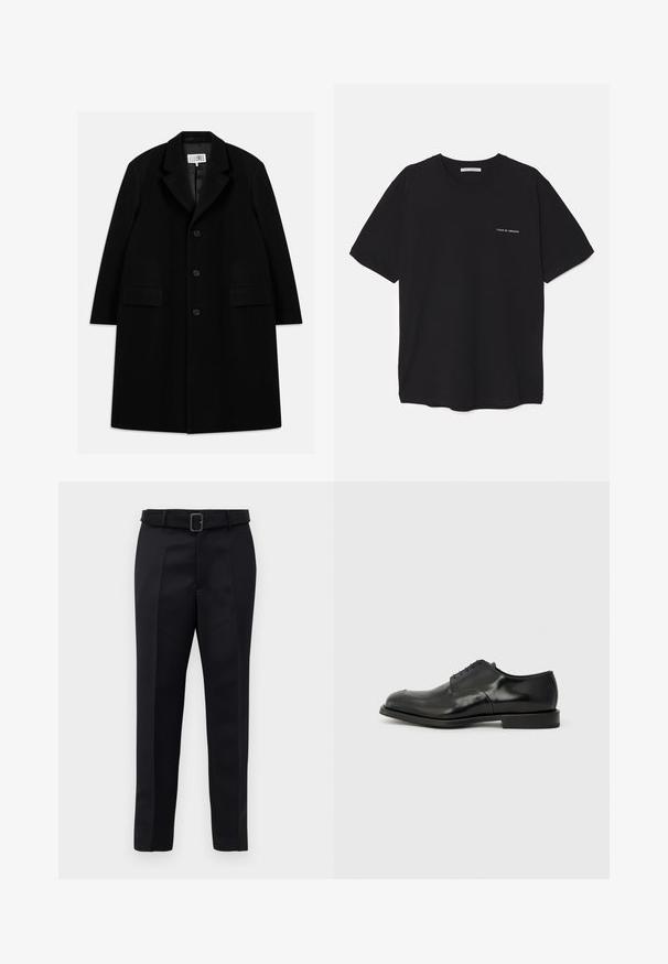 Černý vlněný kabát s klopovým límcem, pěti knoflíky, dvěma předními kapsami a hladkým povrchem, sahající až k délce mid-thigh.; Černé bavlněné tričko s kulatým výstřihem, krátkými rukávy a bílým logem potisknutým na levé straně hrudi. Jednoduchý, jednobarevný design.; Černé oblekové kalhoty mají hladkou tkaninu, rovný střih a pas s opaskem a obdélníkovou sponou. Výrazné přední záhyby zvýrazňují design.; Černé kožené společenské boty s lesklým povrchem, zaoblenou špičkou, pěti otvory pro šněrování a plochou gumovou podrážkou. Hladký povrch s minimálními akcenty.