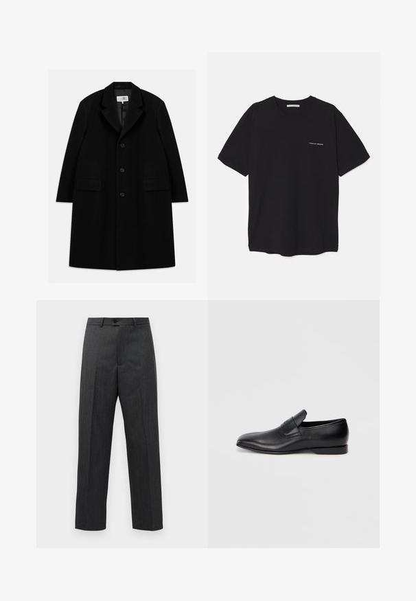 Black wool overcoat featuring a notched collar, five buttons, two front pockets, and a smooth texture, extending to mid-thigh length.; Black cotton T-shirt with a crew neck, short sleeves, and a white logo print on the left chest. Simple, solid color design.; Dark gray formal trousers with front pleats, belt loops, and a button closure at the waist, displayed against a plain white background.; Black leather slip-on shoe with a pointed toe, smooth texture, and subtle branding on the side. Low heel with a clean, minimal design.