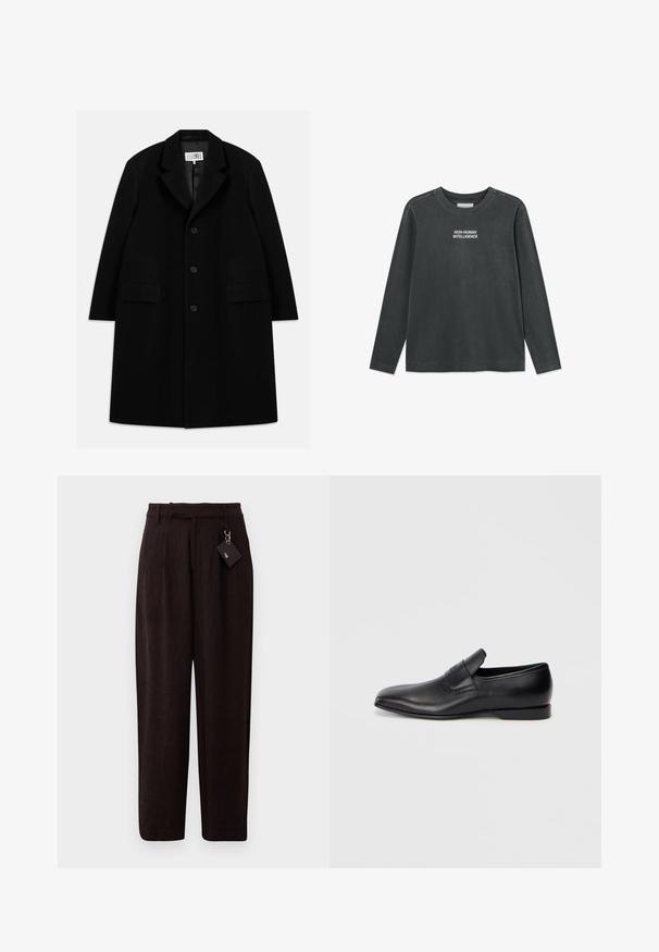 Sort uld overfrakke med notched krave, fem knapper, to forlommer og en glat tekstur, der strækker sig til midt-lår længde.; Langærmet sort bomulds t-shirt med teksten "IKKE-MANDELIG INTELLIGENS" i hvid. Rund hals med skulderknap detaljer.; Mørkebrun, strukturerede bukser med en løs pasform, der har en bæltestrop i taljen og et mærke hængende fra en metalring. Flad forside og lige ben.; Sorte læder slip-on sko med spids tå, glat overflade og diskret branding på siden. Lav hæl med et rent, minimalistisk design.