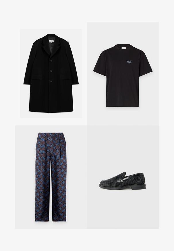 Manteau en laine noire avec col en pointe, cinq boutons, deux poches avant et une texture lisse, s'étendant jusqu'à mi-cuisse.; T-shirt en coton noir avec un col rond et des manches courtes. Présente un petit logo bleu sur la poitrine gauche. Design simple et droit.; Pantalons larges en tissu sombre, ornés d'un motif tissé bleu. La taille élastique garantit un confort optimal. Texture lisse avec des accents géométriques.; Chaussure slip-on tissée noire avec un accent en cuir lisse sur le dessus, un design à bout rond et une semelle en caoutchouc à profil bas.