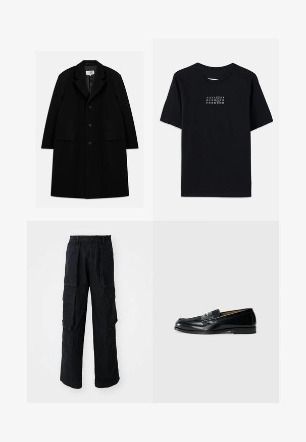 Crni vuneni kaput s nazubljenim ovratnikom, pet gumba, dva prednja džepa i glatkom teksturom, koji seže do sredine butina.; Crna pamučna majica kratkih rukava s okruglim izrezom. Sadrži bijeli numerički otisak sa stiliziranim '6' na prsima.; Crne cargo hlače širokog kroja s elastičnim pojasom, zatvaranjem na gumbi, velikim prednjim i bočnim flap džepovima, prikazane na bijeloj pozadini.; Crni kožni loafers s teksturiranim gornjim dijelom, pletenim detaljem i glatkim završetkom. Niska potpetica i minimalistički dizajn.