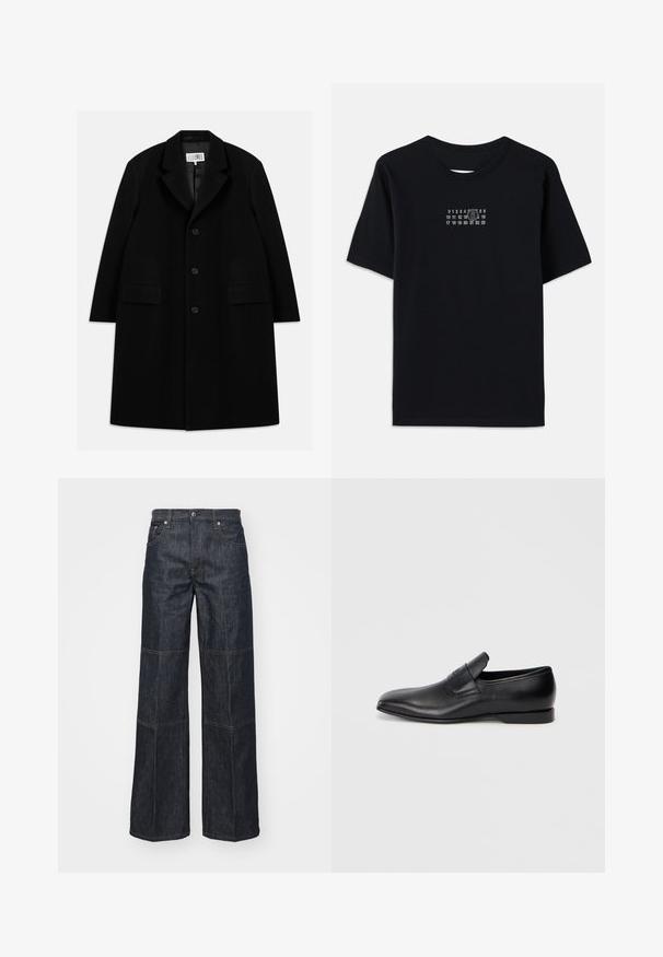 Mustasta villakangastakista, jossa on viisteellinen kaulus, viisi nappia, kaksi etutaskua ja sileä pinta, ulottuu reiden puoliväliin saakka.; Musta puuvillane t-särk lühikeste varrukatega ja ümmarguse kaelusega. Rinnal on valge numbriline trükk stiiliseeritud '6'-ga.; Helmut Lang CARPENTER - Relaxed fit -farkut - raw indigo; Musta nahkainen liukukengä, jossa on terävä kärki, sileä pinta ja huomaamaton brändäys sivussa. Matala korko ja siisti, minimalistinen muotoilu.