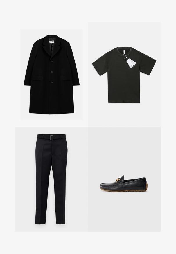 Crni vuneni kaput s nazubljenim ovratnikom, pet gumba, dva prednja džepa i glatkom teksturom, koji seže do sredine butina.; Crna pamučna majica kratkih rukava s okruglim izrezom i pričvršćenim bijelim oznakama proizvoda koje vise s ovratnika na običnoj bijeloj pozadini.; Crne krojene hlače imaju glatku tkaninu, ravni kroj i struk s remenom koji ima pravokutnu kopču. Istaknute prednje nabore dodatno unapređuju dizajn.; Crne kožne loaferice s zaobljenim prstom, dekorativnom zlatnom kopčom i gumenom potplatom. Sadrže detalje šivanja na gornjem dijelu i sa strane.