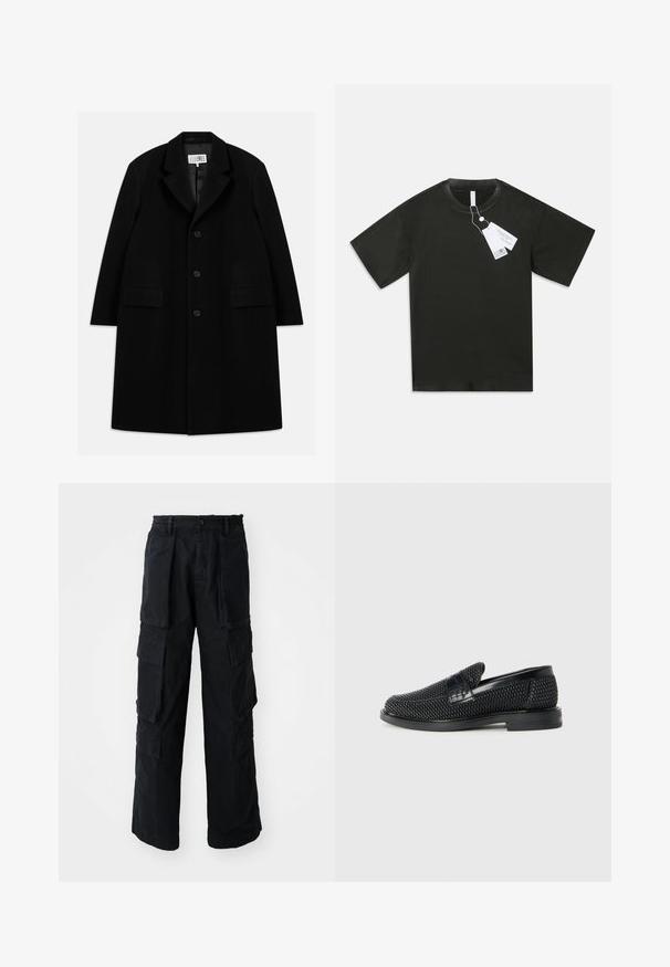 Mustasta villakangastakista, jossa on viisteellinen kaulus, viisi nappia, kaksi etutaskua ja sileä pinta, ulottuu reiden puoliväliin saakka.; Musta lyhythihainen puuvillapaita, jossa on pyöreä kaula-aukko ja kiinnitetyt valkoiset tuotelaput, roikkuvat kauluksesta yksinkertaista valkoista taustaa vasten.; Mustat, leveälahkeiset cargo-housut, joissa on joustava vyötärö, nappikiinnitys ja suuret etu- ja sivutaskut, esitelty valkoisella taustalla.; Musta kudottu liukupohjallinen kenka, jossa on sileä nahkakorostus päällisessä, pyöreä kärki ja matala kumipohja.