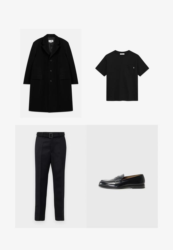 Black wool overcoat featuring a notched collar, five buttons, two front pockets, and a smooth texture, extending to mid-thigh length.; Black cotton t-shirt with short sleeves, crew neck, and a front chest pocket. Features a small brand label on the pocket.; Black tailored trousers feature a smooth fabric, straight cut, and a belted waist with a rectangular buckle. Notable front creases enhance the design.; Leather loafers in black with a smooth finish, rounded toe, decorative stitching, and a small metal accent on the front.