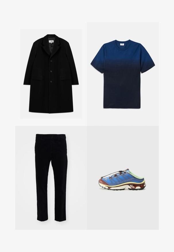 Black wool overcoat featuring a notched collar, five buttons, two front pockets, and a smooth texture, extending to mid-thigh length.; Navy blue cotton t-shirt with a round neck, short sleeves, and a subtle gradient design transitioning from lighter to darker shades.; Black corduroy trousers with a straight leg design, featuring subtle vertical stripes and a standard waistband. No embellishments visible.; Running shoe in blue, green, and brown with mesh upper, lace toggle, and textured sole for grip. Features brand logo on the side.