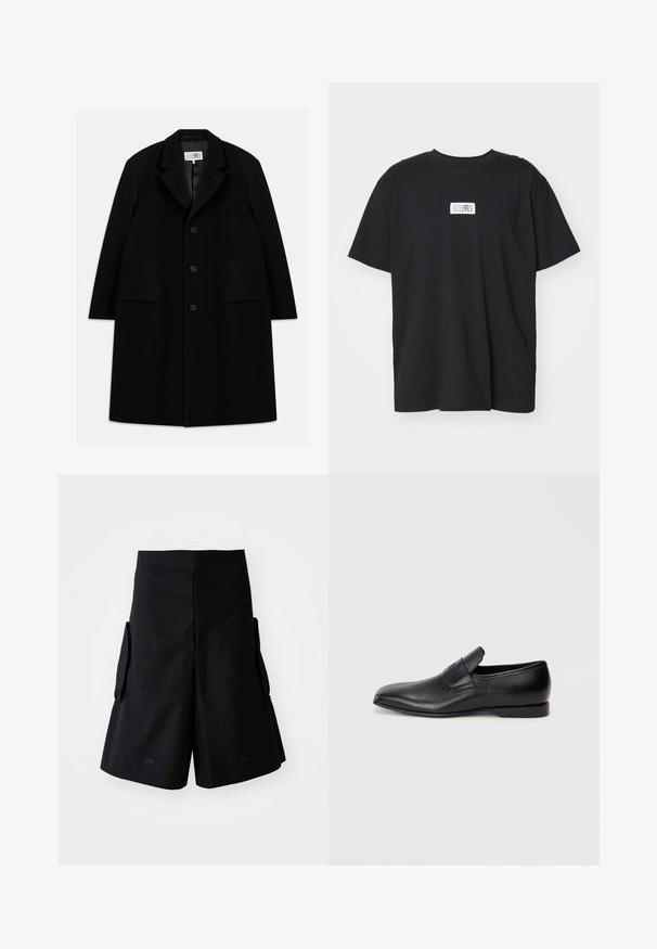 Fekete gyapjú kabát, hézagolt gallérral, öt gombbal, két elülső zsebbel és sima textúrával, mid-thigh hosszúságban.; Fekete pamut póló kerek nyakkal, rövid ujjal, és egy téglalap alakú fehér címkével, amely számokat és grafikai tervezést tartalmaz.; A-COLD-WALL* FORM SHORT - Rövidnadrágok - black onyx; Fekete bőr, slip-on stílusú cipő, hegyes orral, sima textúrával és diszkrét logóval az oldalon. Alacsony sarokkal és letisztult, minimalista dizájnnal.
