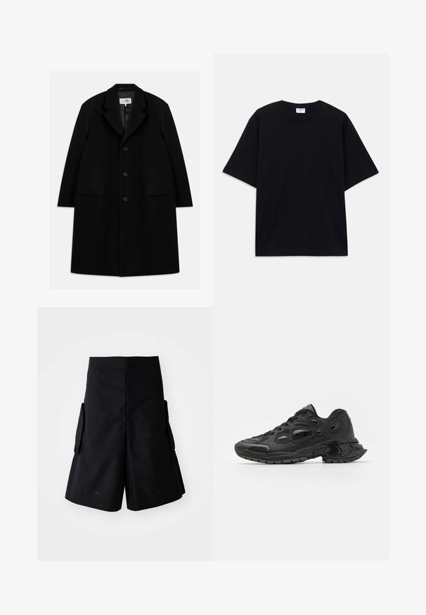 Čierny vlnený kabát s vystrihom, piatimi gombíkmi, dvoma prednými vreckami a hladkým povrchom, s dĺžkou po stred stehna.; Čierne nadrozmerné tričko s krátkym rukávom a okrúhlym výstrihom, s viditeľnou značkovou etikou Filippa K vo vnútri goliera.; A-COLD-WALL* FORM SHORT - Šortky - black onyx; Čierne športové topánky s textúrovaným syntetickým zvrškom, okrúhlou špičkou a charakteristickými oválnymi prierezmi. Majú robustnú gumovú podrážku pre lepšiu priľnavosť.