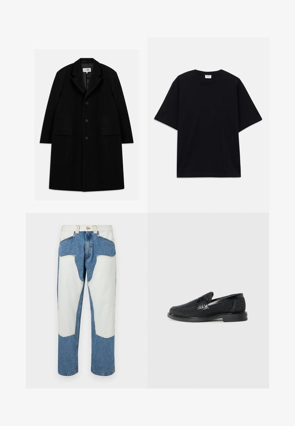 Palton negru din lână, cu guler în formă de v, cinci nasturi, două buzunare frontale și o textură fină, ajungând până la jumătatea coapsei.; Tricou oversized cu mânecă scurtă, de culoare neagră, cu decolteu rotund și etichetă Filippa K vizibilă în interiorul gulerului.; Blugi din denim de culoare albastru deschis, cu petice albe contrastante și cusături bej. Design cu picior drept și talie înaltă.; Pantofii negri din material textil, cu accent din piele netedă pe partea superioară, design cu vârf rotund și talpă din cauciuc de profil redus.