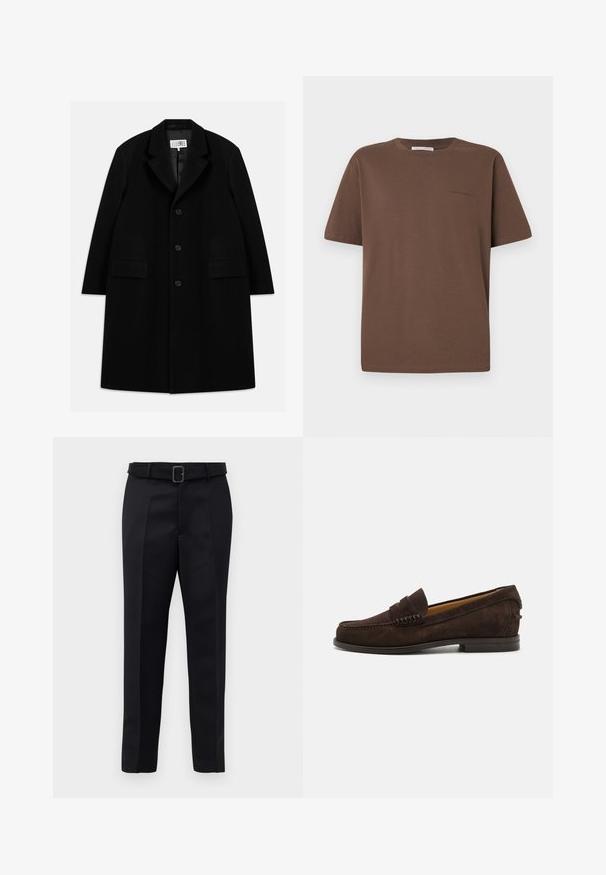 Crni vuneni kaput s nazubljenim ovratnikom, pet gumba, dva prednja džepa i glatkom teksturom, koji seže do sredine butina.; Smeđa pamučna majica s okruglim izrezom, kratkim rukavima i malim logom otisnutim sprijeda. Ravan tekstilni uzorak, ležeran kroj.; Crne krojene hlače imaju glatku tkaninu, ravni kroj i struk s remenom koji ima pravokutnu kopču. Istaknute prednje nabore dodatno unapređuju dizajn.; Smeđe nubuk loafers cipelice s okruglim vrhom, šivanim detaljima na gornjem dijelu i niskim složenim potplatom za klasičan dizajn.
