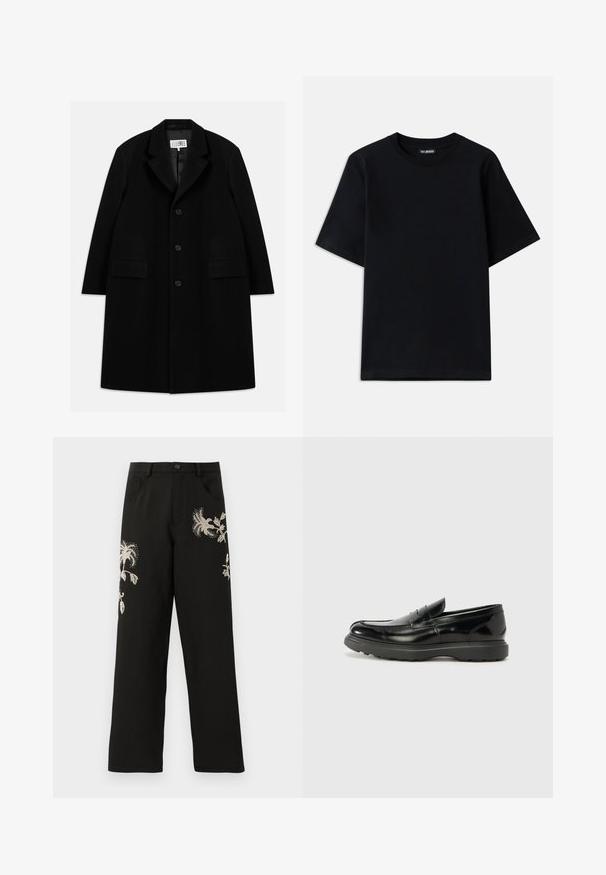 Melnas vilnas virsjakas, kurai ir iegriezts apkakle, pieci pogas, divas priekšējās kabatas un gluda tekstūra, kas sniedzas līdz vidusceļam.; Melnas kokvilnas T-krekls ar apaļu kaklu un īsām piedurknēm. Iezīmējas ar diskrētu logo izšuvumu kreisajā krūtīs. Gluda, plakanā tekstūra.; Melnas platās bikses ar ziedu izšuvumu krēmkrāsas toņos. Aprīkotas ar priekšējām kabatām un pogu aizdari, izgatavotas no gludas tekstilmateriāla.; Melnas ādas loafers ar spīdīgu apdari, noapaļota pirksta forma, smalkas šuvju detaļas un bieza gumijas zole ilgstošai lietošanai.