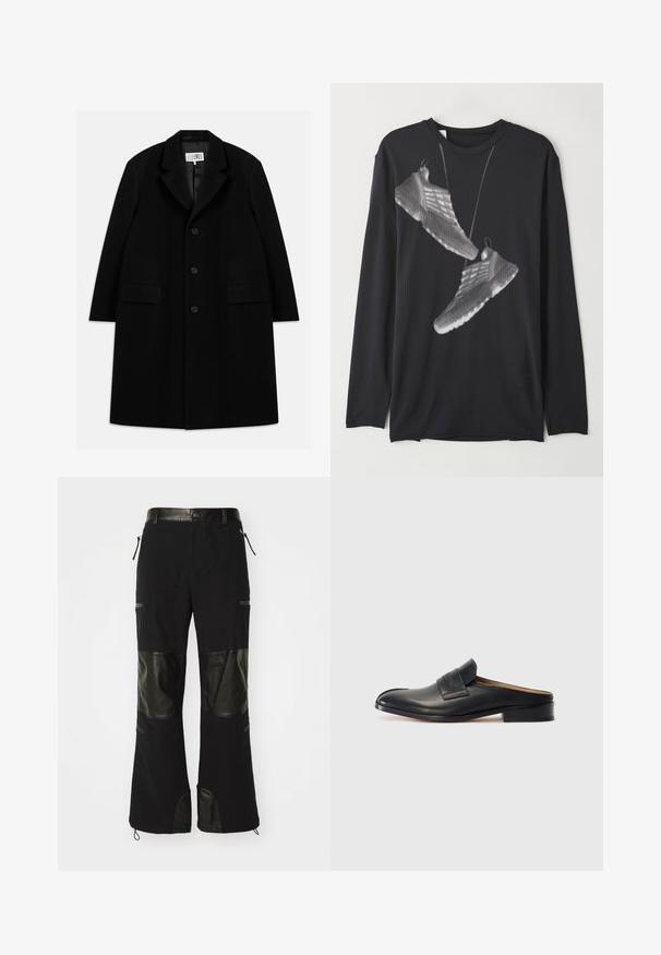 Schwarzer Wollmantel mit Reverskragen, fünf Knöpfen, zwei Fronttaschen und glatter Textur, der bis zur Mitte des Oberschenkels reicht.; Schwarzes Langarmshirt aus glattem Stoff mit einem grafischen Design von Sneakers in Weiß und einem gepunkteten Muster auf der Vorderseite.; Schwarze Hosen aus einer Mischung aus Stoff und Leder, mit Lederpaneelen an den Knien, verstellbarem Bund und mit Reißverschlüssen versehenen Taschen.; Schwarzer Leder-Schlüpfschuh mit runder Spitze, niedrigem Blockabsatz und einem vorderen Riemen. Glatte Textur mit dezentem Logo-Detail am Riemen.