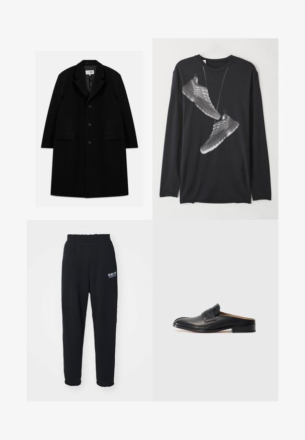 Black wool overcoat featuring a notched collar, five buttons, two front pockets, and a smooth texture, extending to mid-thigh length.; Black long-sleeve shirt made of smooth fabric featuring a graphic design of sneakers in white with a dotted pattern on the front.; Black sweatpants made of soft fabric, featuring a stretchy waistband, tapered legs, and a small white logo on the left side.; Black leather slip-on shoe with a rounded toe, low block heel, and a front strap. Smooth texture with subtle logo detail on the strap.