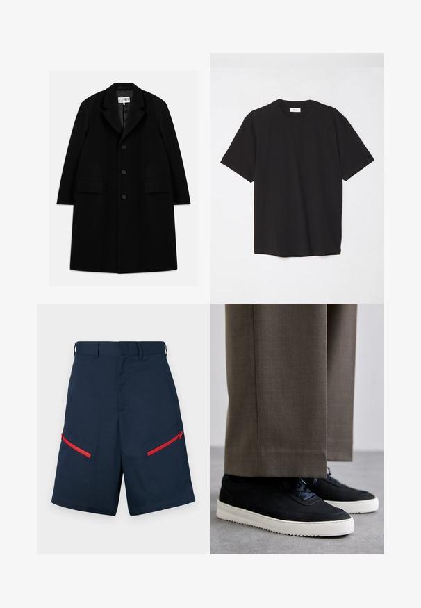 Juodas vilnonis paltas su įpjovimu, penkiais mygtukais, dviem priekinėm kišenėm ir lygiu paviršiumi, siekiantis iki vidurio šlaunies.; Juodas medvilninis marškinėlis su apvaliu kaklu, trumpomis rankovėmis ir laisvu siluetu. Paprastas dizainas, lygus paviršius ir be matomų raštų ar logotipų.; Tamsiai mėlyni krovinių šortai, pagaminti iš medžiagos, turinčios dvi užtrauktukines kišenes su raudonomis detalėmis, lygus priekinis paviršius ir siuvinėtos detalės.; Juodi zomšiniai sportbačiai su baltais guminiais padais, su apvalia nosimi ir raišteliais, dėvimi su pilkais pritaikytais kelnais.