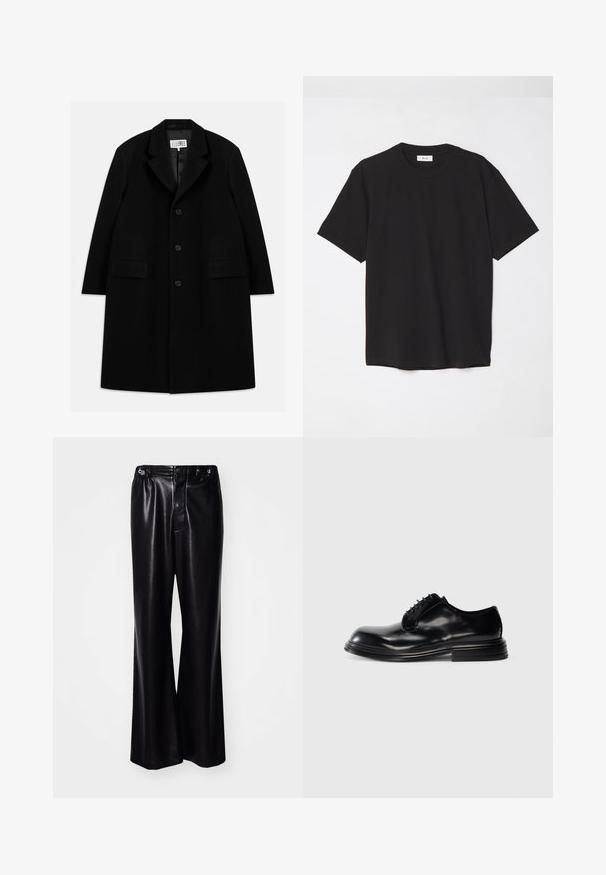 Black wool overcoat featuring a notched collar, five buttons, two front pockets, and a smooth texture, extending to mid-thigh length.; Black cotton t-shirt with a crew neck, short sleeves, and a relaxed fit. Simple design, smooth texture, and no visible patterns or logos.; Black faux leather wide-leg trousers with a high waist, front button closure, and subtle sheen finish. Smooth texture, versatile design.; Black leather dress shoe with a rounded toe, smooth finish, lace-up design, and a stacked heel. Minimalist style with no visible logos.