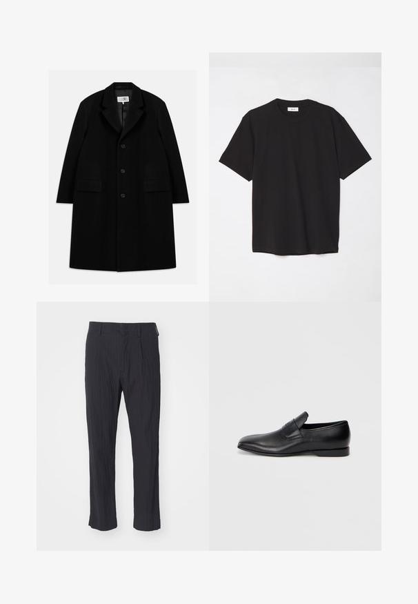 Čierny vlnený kabát s vystrihom, piatimi gombíkmi, dvoma prednými vreckami a hladkým povrchom, s dĺžkou po stred stehna.; Čierne bavlnené tričko s okrúhlym výstrihom, krátkymi rukávmi a voľným strihom. Jednoduchý dizajn, hladká textúra a žiadne viditeľné vzory ani logá.; Čierne plisované nohavice z textúrovanej látky, s rovno strihanými nohavicami a štandardným pásom. Bez viditeľných vreciek alebo kovania.; Čierne kožené poltopánky bez šnúrok s ostrou špičkou, hladkou textúrou a diskrétnym logom na boku. Nízky podpätok s čistým, minimalistickým dizajnom.