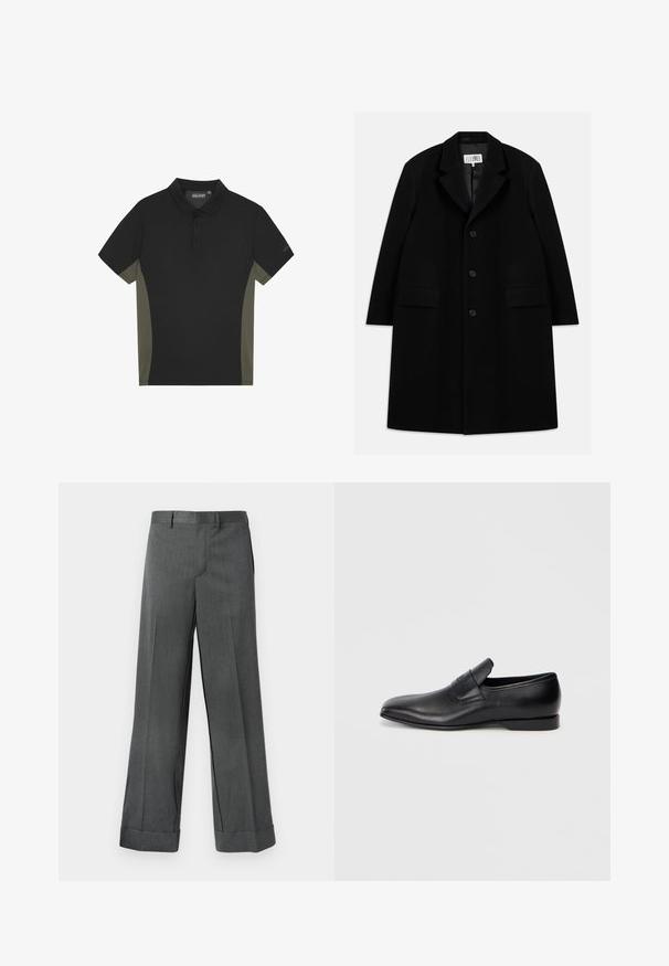 Must värviline villane ülerõivast, millel on nurgeline krae, viis nuppu, kaks esimist taskut ja sile tekstuur, ulatudes keskmise reie pikkuseni.; Musta polosärk, millel on oliivrohelised külgpaneelid, lühikesed varrukad, kolme nupuga särgipluus ja kaubamärgi logo varruka peal. Sile kangatekstuur.; Halli, laiad püksid tekstureeritud kangast, millel on lame eesmine osa, vöökohal aasad ja mansetid. Ümberlõigatud disain, milleta nähtavaid taskuid.; Must musta libisemisega king, millel on terav varvas, sile tekstuur ja tagasihoidlik bränding küljel. Madal konts puhta ja minimalistliku disainiga.