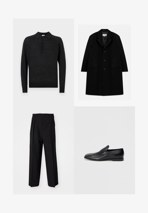 Mustasta villakangastakista, jossa on viisteellinen kaulus, viisi nappia, kaksi etutaskua ja sileä pinta, ulottuu reiden puoliväliin saakka.; Musta pitkähiha paidankauluspaita pehmeästä neuloksesta, jossa on klassinen kaulus, viiden napin lista ja ribbaushelma.; Mustat laskostetut housut, joissa on suora, leveä lahje. Valmistettu sileästä kankaasta, jossa on nappisuljenta ja vyölenkit.; Musta nahkainen liukukengä, jossa on terävä kärki, sileä pinta ja huomaamaton brändäys sivussa. Matala korko ja siisti, minimalistinen muotoilu.