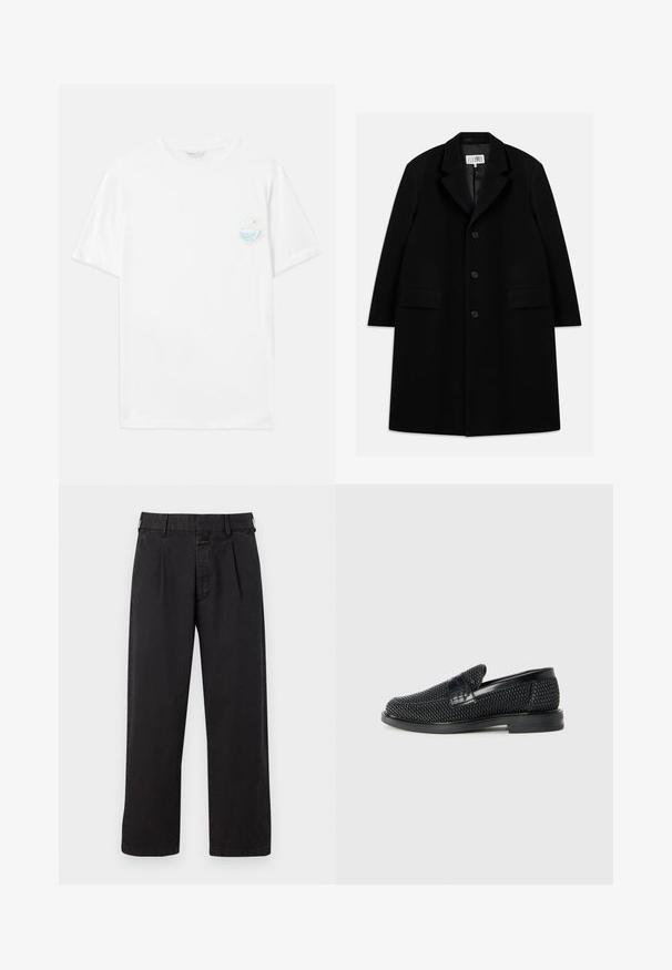 Juodas vilnonis paltas su įpjovimu, penkiais mygtukais, dviem priekinėm kišenėm ir lygiu paviršiumi, siekiantis iki vidurio šlaunies.; Balta medvilninė marškinėliai su trumpomis rankovėmis, su nedideliu daugiaspalviu grafikos atvaizdu kairėje krūtinės pusėje, pavaizduojančiu bangas ir tekstą „Išeik iš plastiko“. ; Juodos medvilninės kelnės su tiesiu kirpimu, su raukšlėtu priekiu, diržo kilputėmis ir mygtuko uždarymu. Lygus paviršius be raštų.; Juodas pintas slip-on tipo batelis su lygiu odiniu akcentu viršuje, apvalios nosies dizainas ir žemas guminis padas.