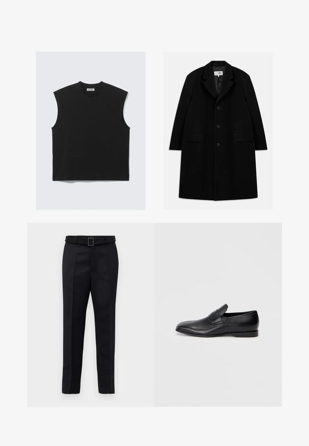 Palton negru din lână, cu guler în formă de v, cinci nasturi, două buzunare frontale și o textură fină, ajungând până la jumătatea coapsei.; Top negru fără mâneci, fabricat dintr-un material moale din bumbac, cu un guler rotund și o siluetă rectangulară cu margini netede.; Pantalonii negri ajustați sunt fabricați dintr-un material neted, au croi drept și o talie încrustată cu o cataramă rectangulară. Pliseele frontale notabile îmbunătățesc designul.; Pantofii negri din piele, slip-on, cu vârf ascuțit, textură netedă și branding subtil pe lateral. Toc jos cu un design curat și minimal.