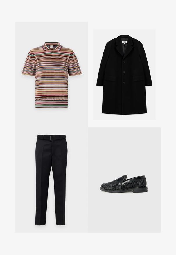 Zwarte wollen overjas met een gelapte kraag, vijf knopen, twee voorkiezen en een gladde textuur, die tot op midden-dij lengte reikt.; Paul Smith Poloshirt - multi coloured; Zwarte op maat gemaakte broek van gladde stof met een rechte snit en een ceintuur met een rechthoekige gesp. Opvallende voorvouwen accentueren het ontwerp.; Zwartegeweven instap schoenen met een glad leren accent aan de bovenkant, een ronde neusontwerp en een laag profiel rubberen zool.
