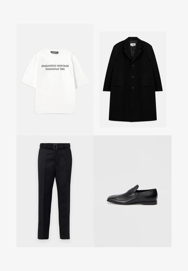 Sort uld overfrakke med notched krave, fem knapper, to forlommer og en glat tekstur, der strækker sig til midt-lår længde.; Dsquared2 T-shirts print - white; Sorte skræddersyede bukser har et glat stof, lige snit og en bæltestrop med en rektangulær spænde. Bemærkelsesværdige forreste folder fremhæver designet.; Sorte læder slip-on sko med spids tå, glat overflade og diskret branding på siden. Lav hæl med et rent, minimalistisk design.