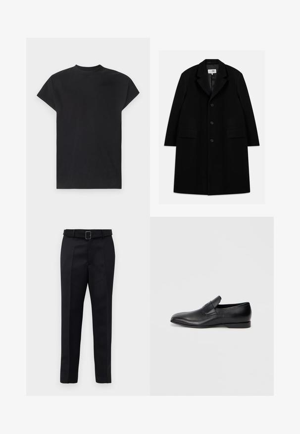 Black wool overcoat featuring a notched collar, five buttons, two front pockets, and a smooth texture, extending to mid-thigh length.; Won Hundred CREED - Top - black; Black tailored trousers feature a smooth fabric, straight cut, and a belted waist with a rectangular buckle. Notable front creases enhance the design.; Black leather slip-on shoe with a pointed toe, smooth texture, and subtle branding on the side. Low heel with a clean, minimal design.
