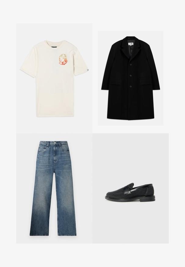 Black wool overcoat featuring a notched collar, five buttons, two front pockets, and a smooth texture, extending to mid-thigh length.; Cream cotton t-shirt with short sleeves and a relaxed fit, featuring a colorful astronaut graphic on the left chest.; Blue denim wide-leg jeans with a high waist, featuring subtle fading, five pockets, and a metal button closure at the front.; Black woven slip-on shoe with a smooth leather accent on the upper, a round toe design, and a low-profile rubber sole.