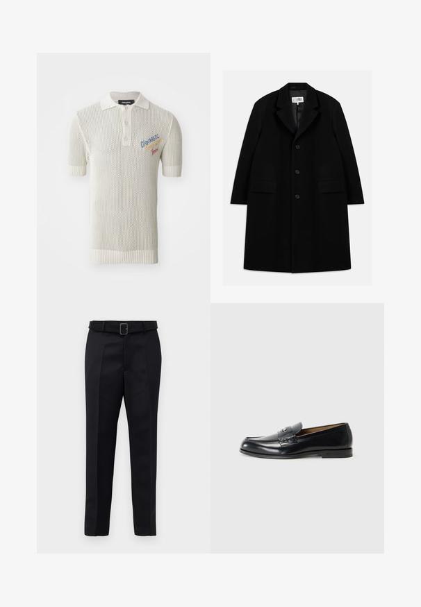 Fekete gyapjú kabát, hézagolt gallérral, öt gombbal, két elülső zsebbel és sima textúrával, mid-thigh hosszúságban.; Tejbevonatú, krém színű pólóing rövid ujjakkal, bordás gallérral, három gombos gombolással és színes hímzett részletekkel.; A fekete, szabott nadrág sima anyagból készült, egyenes szabású, és övvel rendelkezik, amelynek téglalap alakú csatja van. A figyelemre méltó elülső redők fokozzák a dizájnt.; Fekete bőr loaferek sima felülettel, kerek orral, díszítő varrással és kis fém akcentussal az elején.