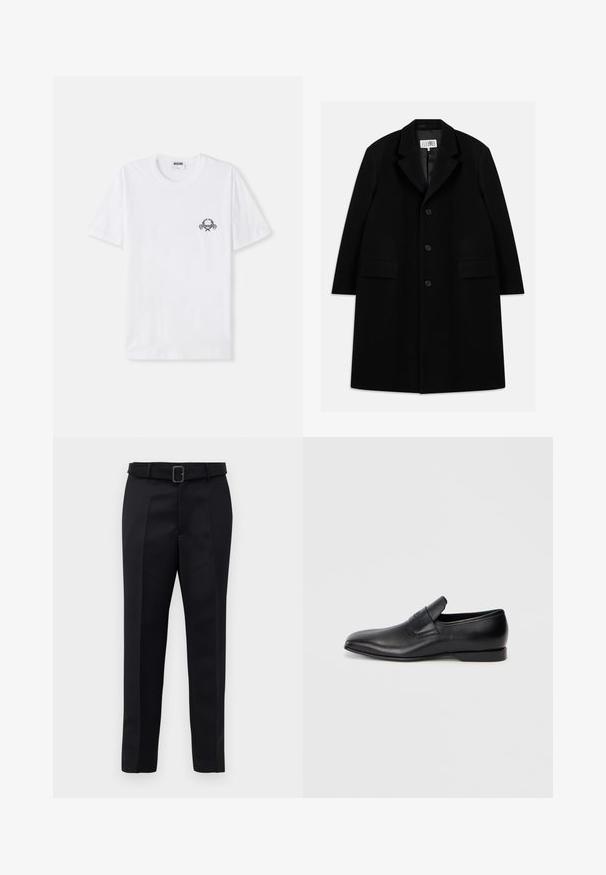 Čierny vlnený kabát s vystrihom, piatimi gombíkmi, dvoma prednými vreckami a hladkým povrchom, s dĺžkou po stred stehna.; Biely bavlnený tričko s malou čiernou grafikou raka a dekoratívnymi prvkami na hrudi. Krátke rukávy a okrúhly výstrih.; Čierne nohavice na mieru majú hladkú tkaninu, rovný strih a opasok s obdĺžnikovou sponou. Výrazné predné skladky zvýrazňujú dizajn.; Čierne kožené poltopánky bez šnúrok s ostrou špičkou, hladkou textúrou a diskrétnym logom na boku. Nízky podpätok s čistým, minimalistickým dizajnom.