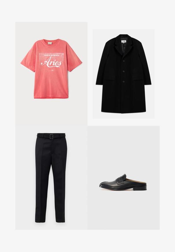 Sort uld overfrakke med notched krave, fem knapper, to forlommer og en glat tekstur, der strækker sig til midt-lår længde.; Koralfarvet kortærmet t-shirt lavet af bomuld med en afslappet pasform. Har hvid skærmtrykt tekst med teksten "Tingene går bedre med Aries."; Sorte skræddersyede bukser har et glat stof, lige snit og en bæltestrop med en rektangulær spænde. Bemærkelsesværdige forreste folder fremhæver designet.; Sort læder slip-on sko med rund tå, lav blokhæl og en frontrem. Glat overflade med subtil logo detalje på remmen.