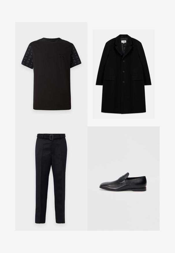 Melnas vilnas virsjakas, kurai ir iegriezts apkakle, pieci pogas, divas priekšējās kabatas un gluda tekstūra, kas sniedzas līdz vidusceļam.; Melna t-krekls ar īsām piedurknēm, kas izceļas ar vienotu priekšpusi un rakstainām melnām detaļām uz piedurknēm. Materiāls šķiet mīksts un gluds.; Melni piegriezti bikses ar gludu audumu, taisnu piegriezumu un jostu ar taisnleņķa sprādzi. Pamanāmie priekšējie iegriezumi uzlabo dizainu.; Melna ādas slēgta kurpe ar smailu purngalu, gludu virsmu un diskrētu zīmolu uz sāniem. Zems papēdis ar tīru, minimālistisku dizainu.