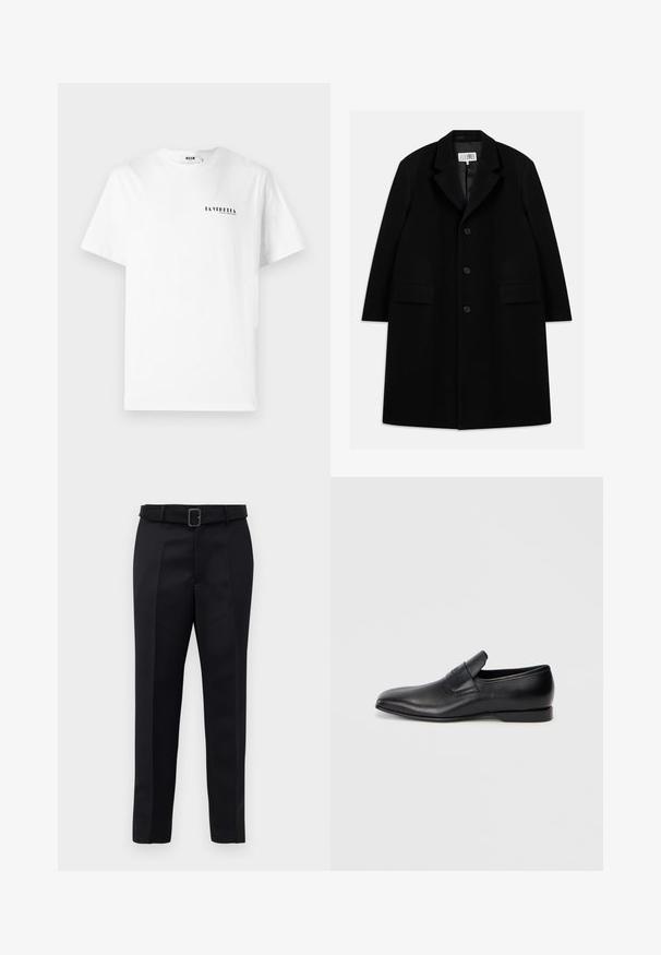 Schwarzer Wollmantel mit Reverskragen, fünf Knöpfen, zwei Fronttaschen und glatter Textur, der bis zur Mitte des Oberschenkels reicht.; Weißes Baumwoll-T-Shirt mit Rundhalsausschnitt, versehen mit einem kleinen schwarzen grafischen Text "LA VEDDITA" auf der linken Brustseite.; Schwarze maßgeschneiderte Hosen aus glattem Stoff, mit geradem Schnitt und einem Bund mit rechteckiger Schnalle. Auffällige Frontfalten betonen das Design.; Schwarzer Leder-Slipper mit spitzer Zehe, glatter Textur und dezentem Branding an der Seite. Niedriger Absatz mit einem klaren, minimalistischen Design.