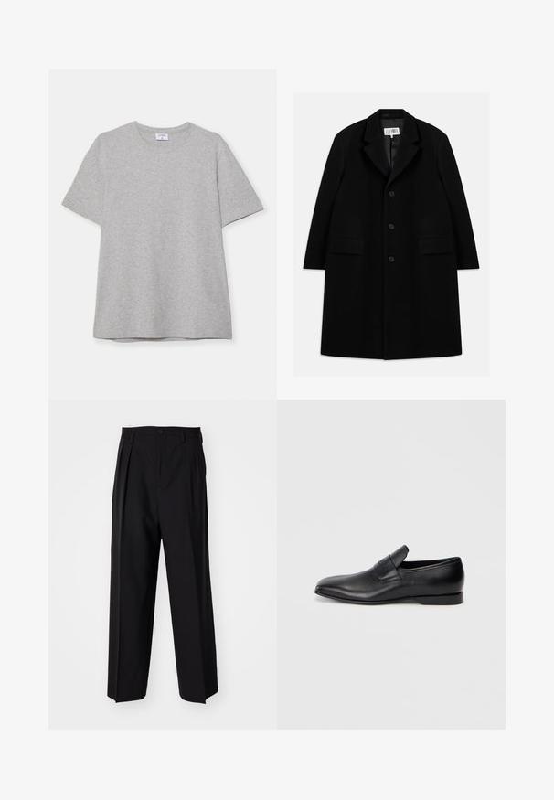 Μαύρο μάλλινο παλτό με καπιτονέ γιακά, πέντε κουμπιά, δύο μπροστινές τσέπες και λεία υφή, εκτεινόμενο μέχρι το ύψος του μέσου μηρού.; Γκρίζα κοντομάνικη μπλούζα φτιαγμένη από μαλακό, υφασμάτινο υλικό. Διαθέτει κλασικό στρογγυλό λαιμό και ίσια στρώση, κατάλληλη για ένδυση καθημερινής χρήσης.; Μαύροι πιέτες παντελόνια με ίσια, φαρδιά γραμμή. Κατασκευασμένα από λείο ύφασμα, με κλείσιμο με κουμπί και θηλιές για ζώνη.; Μαύρο δερμάτινο παπούτσι με λείο μέλος και μυτερή μύτη, ομαλή υφή και διακριτική σήμανση στο πλάι. Χαμηλός τακούνι με καθαρό, μινιμαλιστικό σχέδιο.