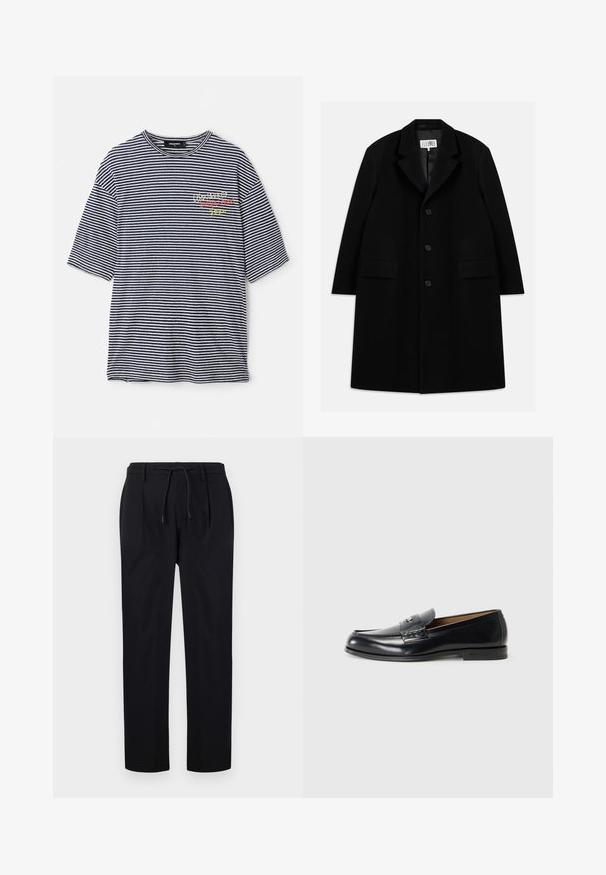 Mustasta villakangastakista, jossa on viisteellinen kaulus, viisi nappia, kaksi etutaskua ja sileä pinta, ulottuu reiden puoliväliin saakka.; Raidallinen t-paita, jossa on vaakasuorat tummansiniset ja valkoiset raidat, lyhyet hihat, pyöreä pääntie ja monivärinen brodeerattu teksti rinnassa.; Farkut mustat, valmistettu sileästä kankaasta, jossa on narukiristysvyö, suorat lahkeet ja edessä pleatit rakenteellista ilmettä varten.; Nahka loaferit mustana, jossa on sileä pinta, pyöreä kärki, koristeelliset tikkaus ja pieni metallikoriste edessä.