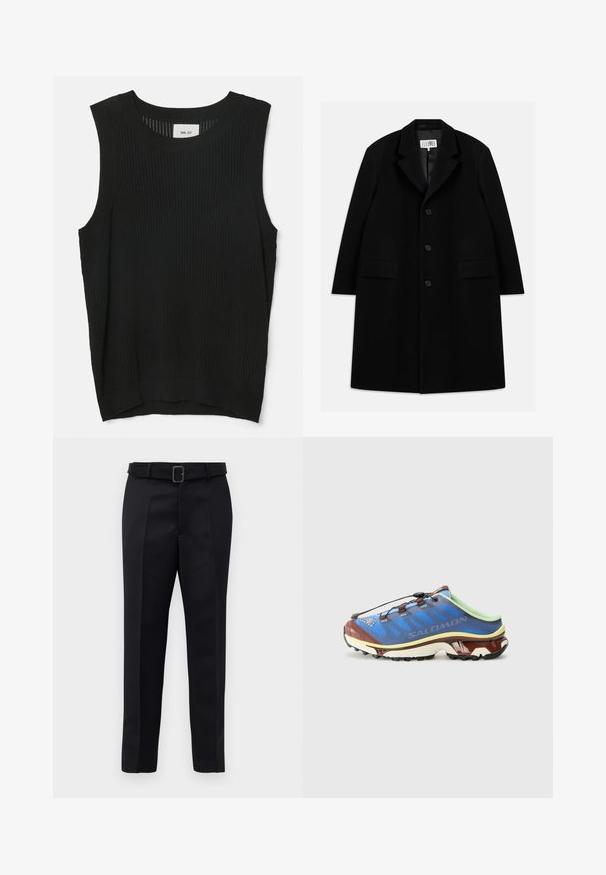 Black wool overcoat featuring a notched collar, five buttons, two front pockets, and a smooth texture, extending to mid-thigh length.; Black, sleeveless knit top featuring a textured pattern and a round neckline. The fabric appears breathable with a loose fit design.; Black tailored trousers feature a smooth fabric, straight cut, and a belted waist with a rectangular buckle. Notable front creases enhance the design.; Running shoe in blue, green, and brown with mesh upper, lace toggle, and textured sole for grip. Features brand logo on the side.