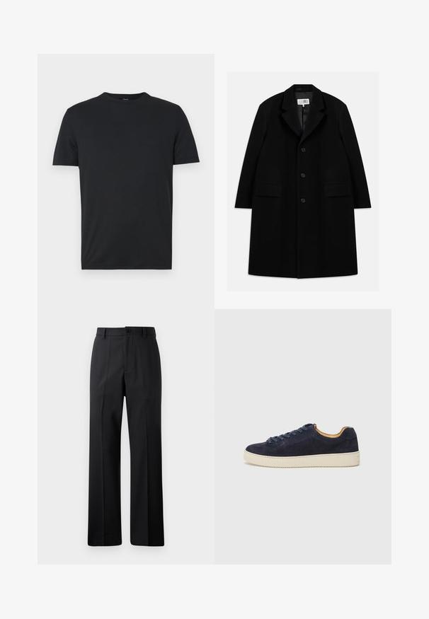 Černý vlněný kabát s klopovým límcem, pěti knoflíky, dvěma předními kapsami a hladkým povrchem, sahající až k délce mid-thigh.; Černé tričko s krátkým rukávem vyrobené z hladké, jemné tkaniny s kulatým výstřihem a minimalistickým designem. Žádné viditelné logo ani vzory.; Černé kalhoty rovného střihu s poutky na opasek, předním knoflíkem a zipovým zapínáním, vystavené na čistém bílém pozadí.; Námořnické semišové nízké tenisky s kulatou špičkou, krémovou gumovou podrážkou a odpovídajícími tkaničkami; obsahují kontrastní hnědou podšívku.