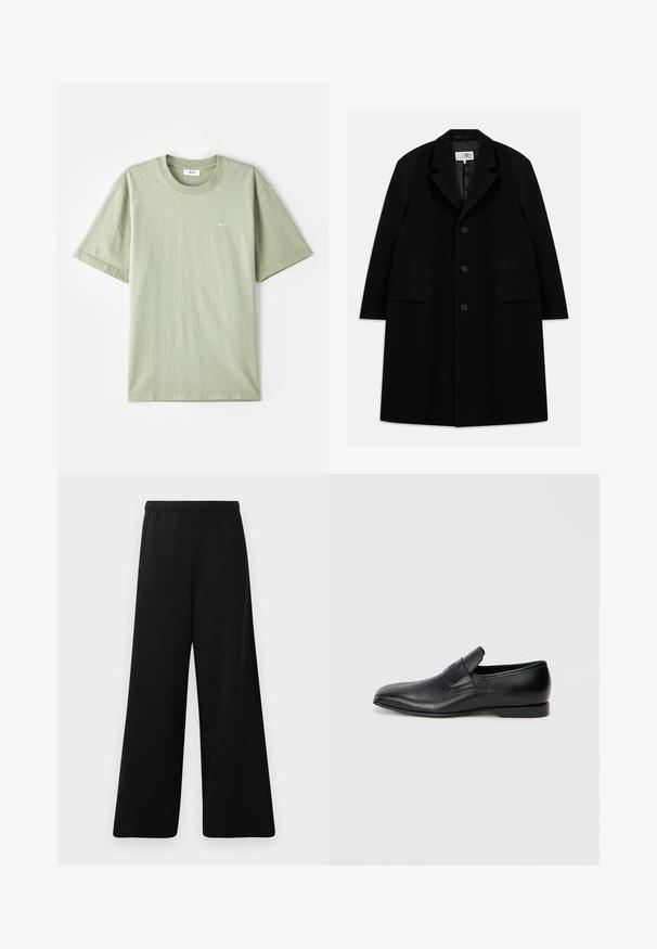 Sort uld overfrakke med notched krave, fem knapper, to forlommer og en glat tekstur, der strækker sig til midt-lår længde.; Lys grøn bomulds T-shirt med korte ærmer, rund halsudskæring og lille hvidt logo på brystet. Blød tekstur, afslappet pasform og minimal design.; Sorte brede benbukser lavet af blødt stof. Har elastisk talje, glat tekstur og et enkelt, moderne design uden mønstre.; Sorte læder slip-on sko med spids tå, glat overflade og diskret branding på siden. Lav hæl med et rent, minimalistisk design.