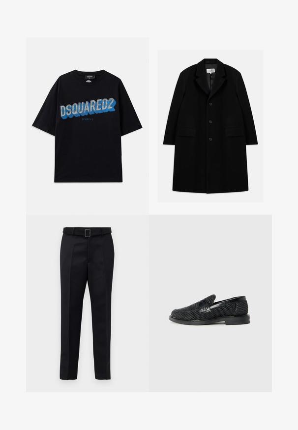 Melnas vilnas virsjakas, kurai ir iegriezts apkakle, pieci pogas, divas priekšējās kabatas un gluda tekstūra, kas sniedzas līdz vidusceļam.; Dsquared2 Apdrukāts T-krekls - black; Melni piegriezti bikses ar gludu audumu, taisnu piegriezumu un jostu ar taisnleņķa sprādzi. Pamanāmie priekšējie iegriezumi uzlabo dizainu.; Melnas austas slaidu kurpes ar gludu ādas akcentu augšpusē, apaļas formas purngalu un zemas profila gumijas zoli.