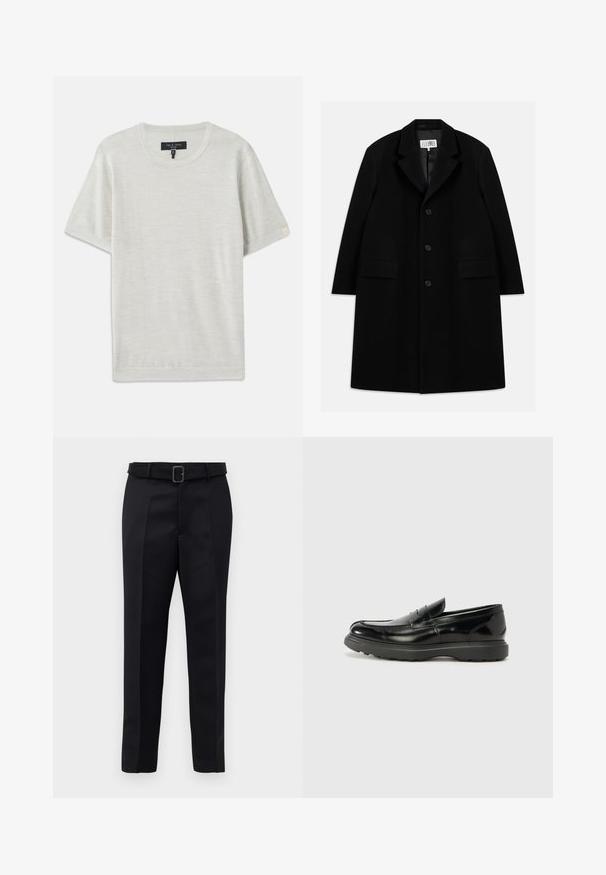 Čierny vlnený kabát s vystrihom, piatimi gombíkmi, dvoma prednými vreckami a hladkým povrchom, s dĺžkou po stred stehna.; rag & bone AULTON TEE - Základné tričko - ivory; Čierne nohavice na mieru majú hladkú tkaninu, rovný strih a opasok s obdĺžnikovou sponou. Výrazné predné skladky zvýrazňujú dizajn.; Čierne kožené mokasíny s lesklým povrchom, okrúhlou špicou, subtilnými švami a hrubou gumovou podrážkou pre zvýšenú odolnosť.