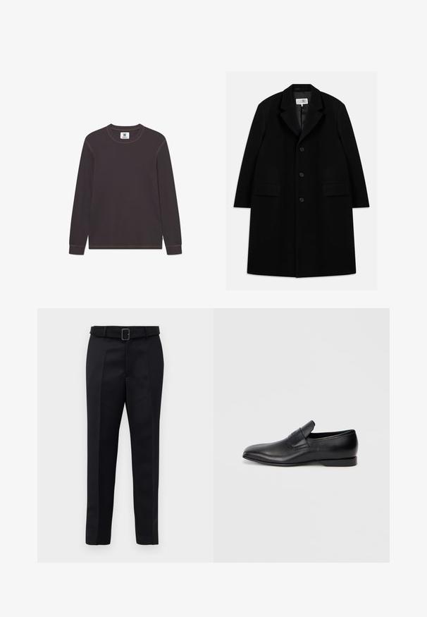 Fekete gyapjú kabát, hézagolt gallérral, öt gombbal, két elülső zsebbel és sima textúrával, mid-thigh hosszúságban.; Sötétbarna hosszú ujjú hőszigetelő póló, kerek nyakkal és kontrasztos bézs varrással, fehér háttér előtt laposan elhelyezve.; A fekete, szabott nadrág sima anyagból készült, egyenes szabású, és övvel rendelkezik, amelynek téglalap alakú csatja van. A figyelemre méltó elülső redők fokozzák a dizájnt.; Fekete bőr, slip-on stílusú cipő, hegyes orral, sima textúrával és diszkrét logóval az oldalon. Alacsony sarokkal és letisztult, minimalista dizájnnal.