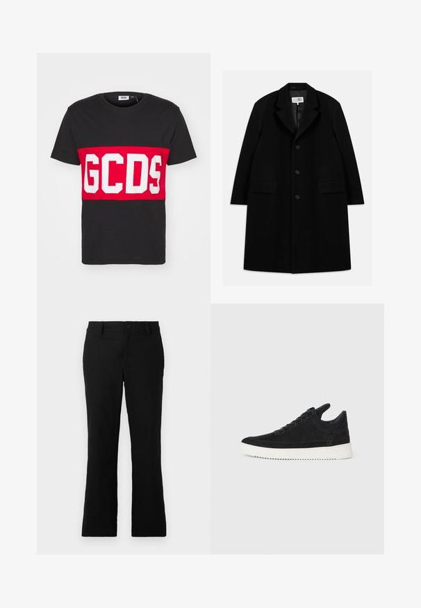 Melnas vilnas virsjakas, kurai ir iegriezts apkakle, pieci pogas, divas priekšējās kabatas un gluda tekstūra, kas sniedzas līdz vidusceļam.; GCDS BAND LOGO REGULAR - Apdrukāts T-krekls - black; Melni plati bikses, izgatavotas no kokvilnas sajaukuma auduma, ar pogu aizdari, jostas cilpām un gludu tekstūru, bez redzamām rakstām.; Melna zamša apavi ar baltu gumijas zoli, ar tonālu izšuvumu un auklu dizainu. Gluda tekstūra ar mūsdienīgu, plūstošu formu.